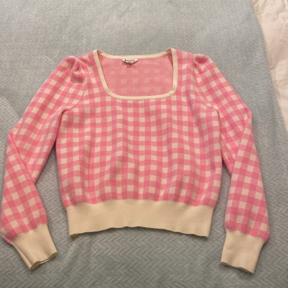&merci Pink and White Gingham Checkered Sweater